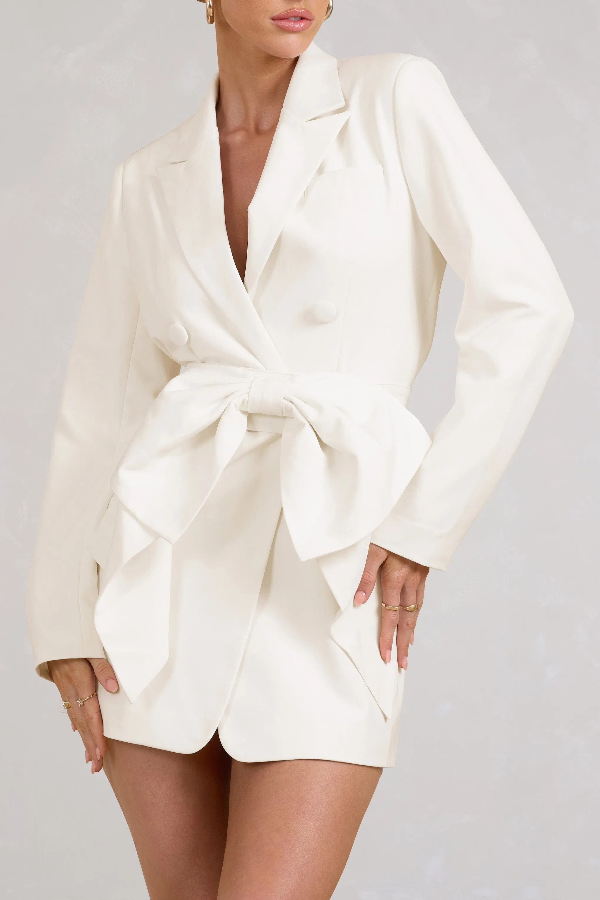 White Tailored Blazer Mini Dress With Bow - Highly Sought-after