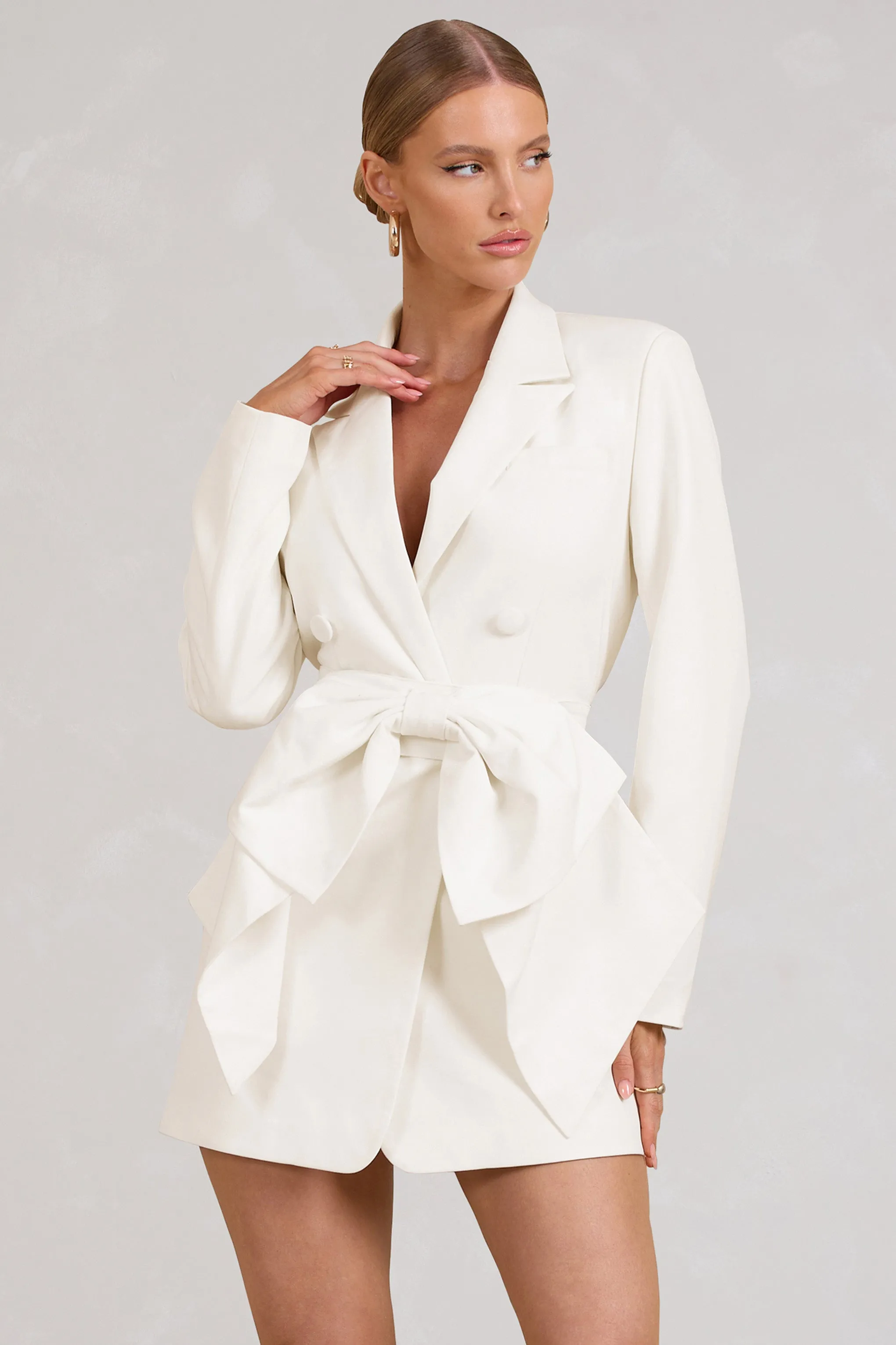 White Tailored Blazer Mini Dress With Bow - Highly Sought-after