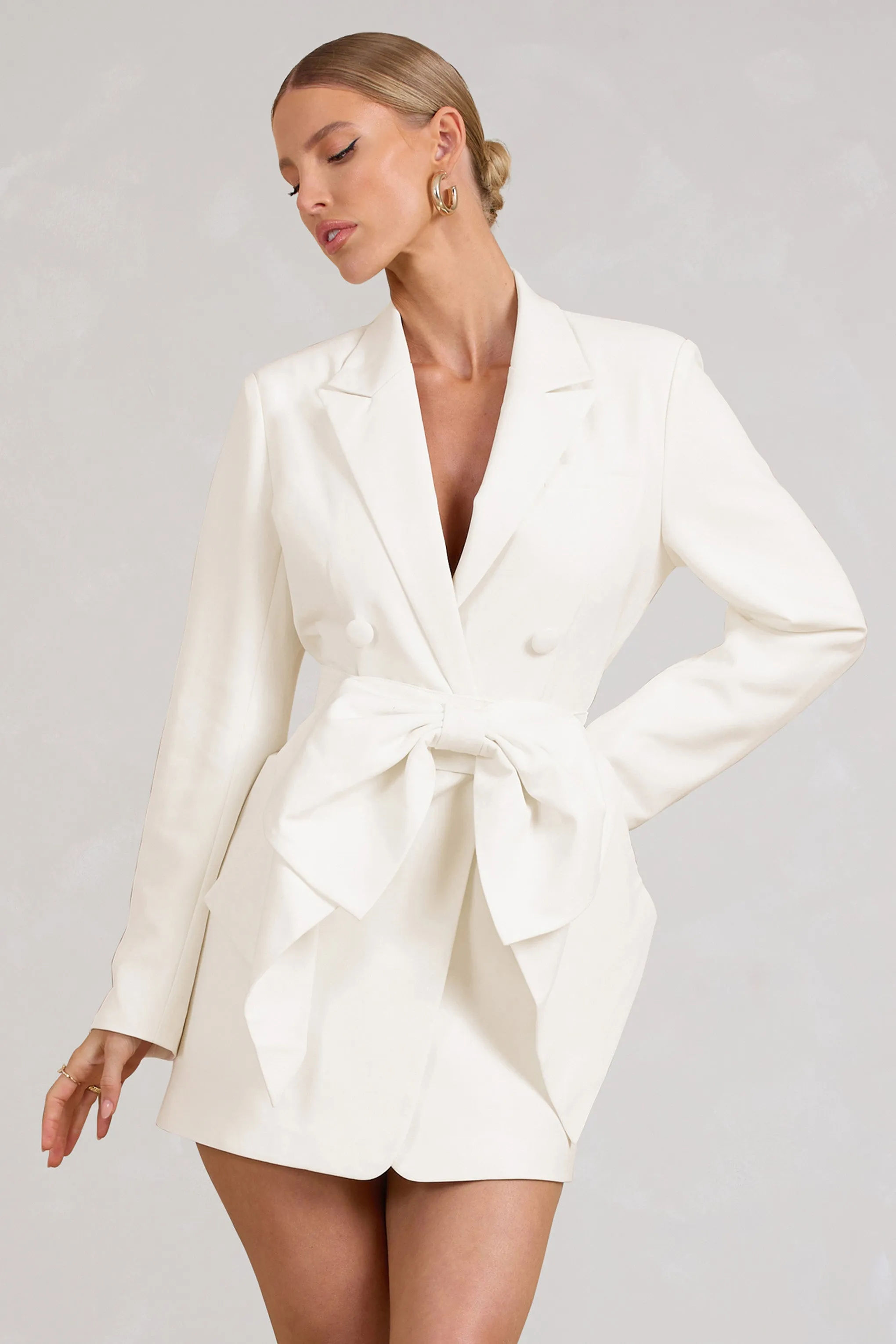 White Tailored Blazer Mini Dress With Bow - Highly Sought-after