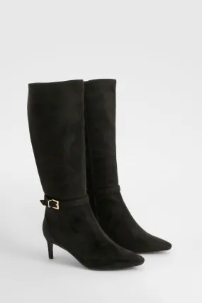 Wide Width Buckle Detail Low Heel Knee High Boots