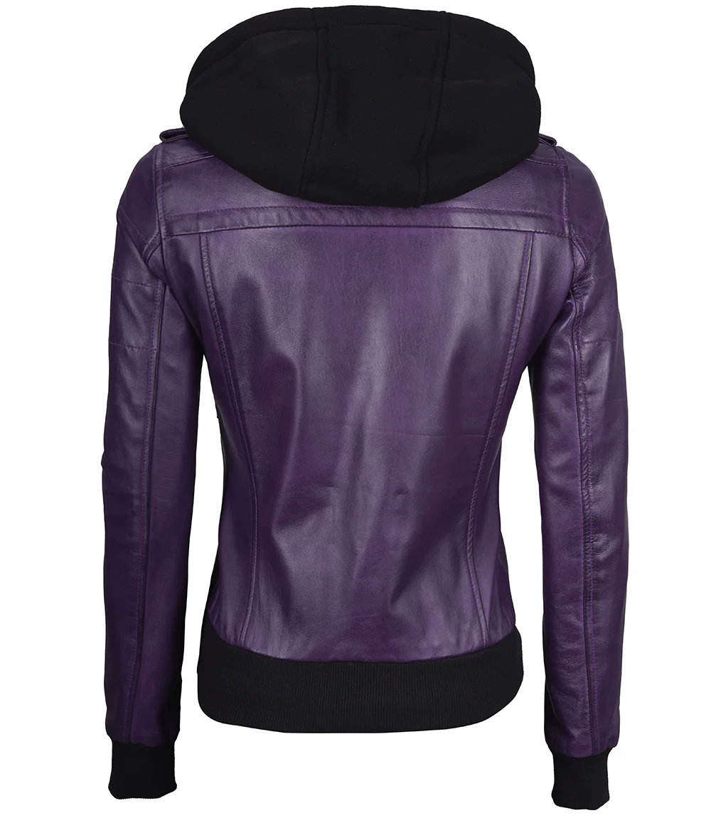 Women's Purple Leather Jacket with Removable Hood