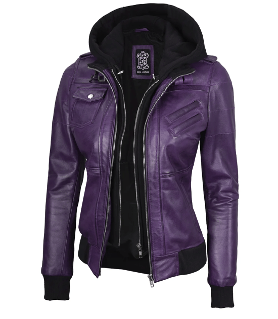 Women's Purple Leather Jacket with Removable Hood