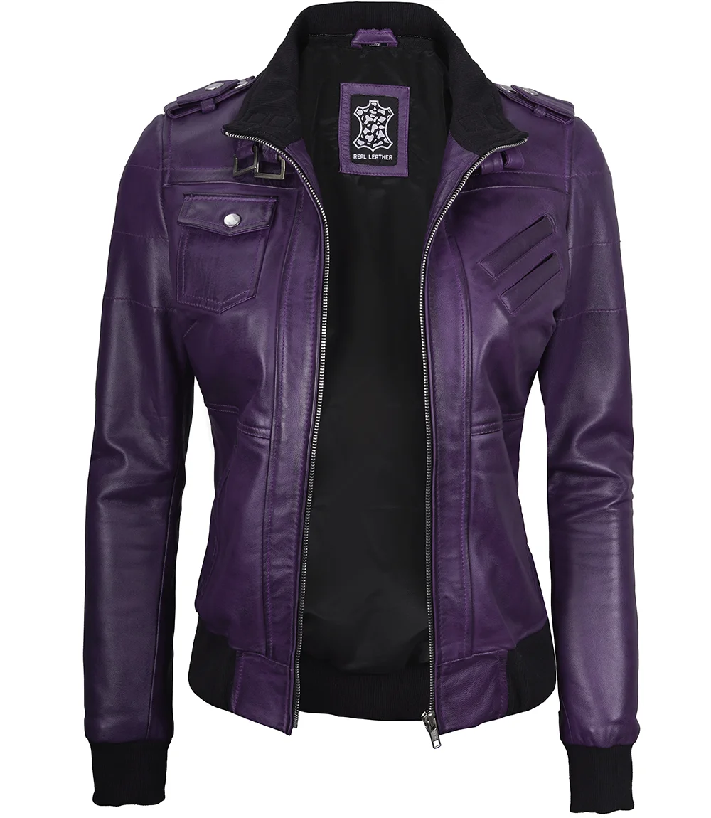 Women's Purple Leather Jacket with Removable Hood