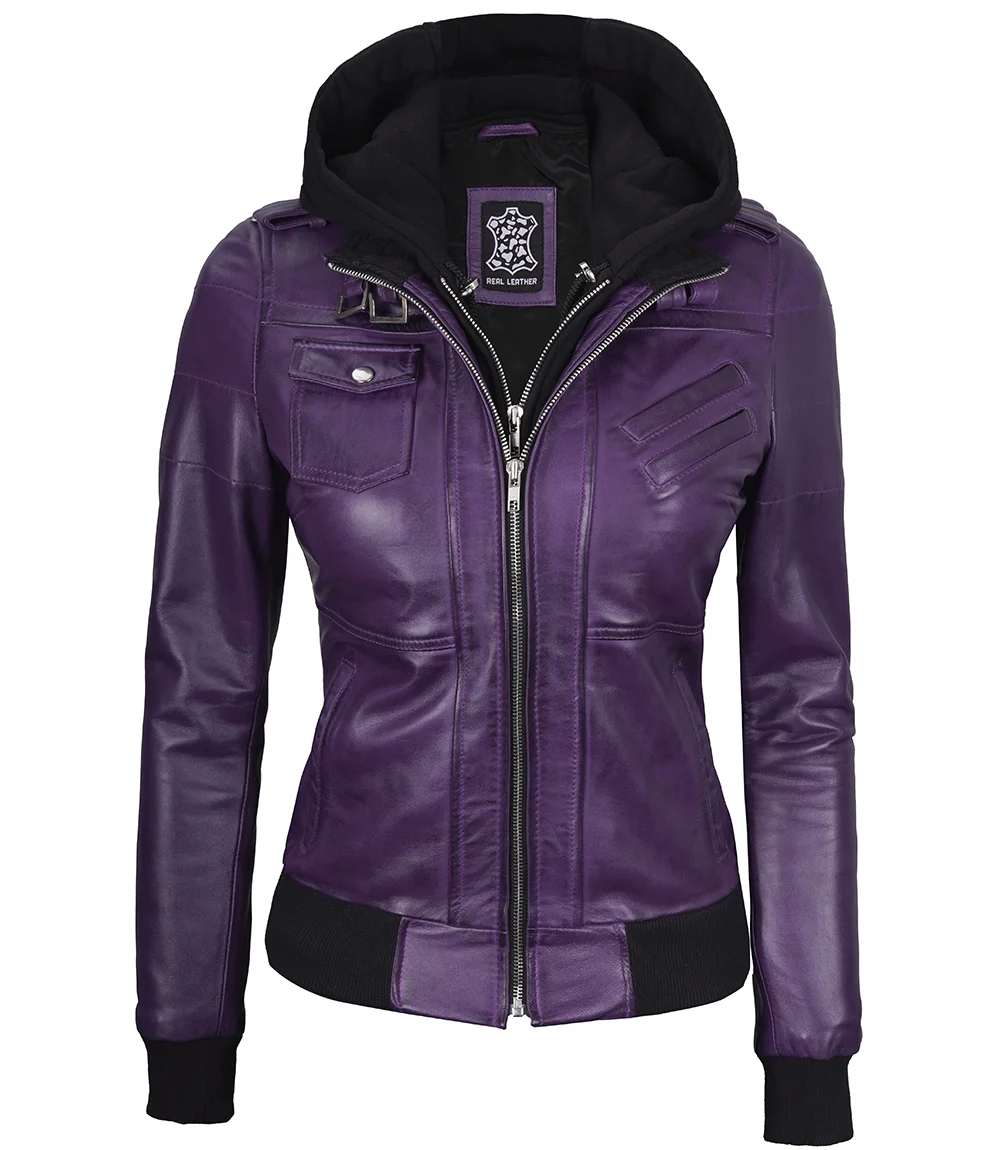 Women's Purple Leather Jacket with Removable Hood