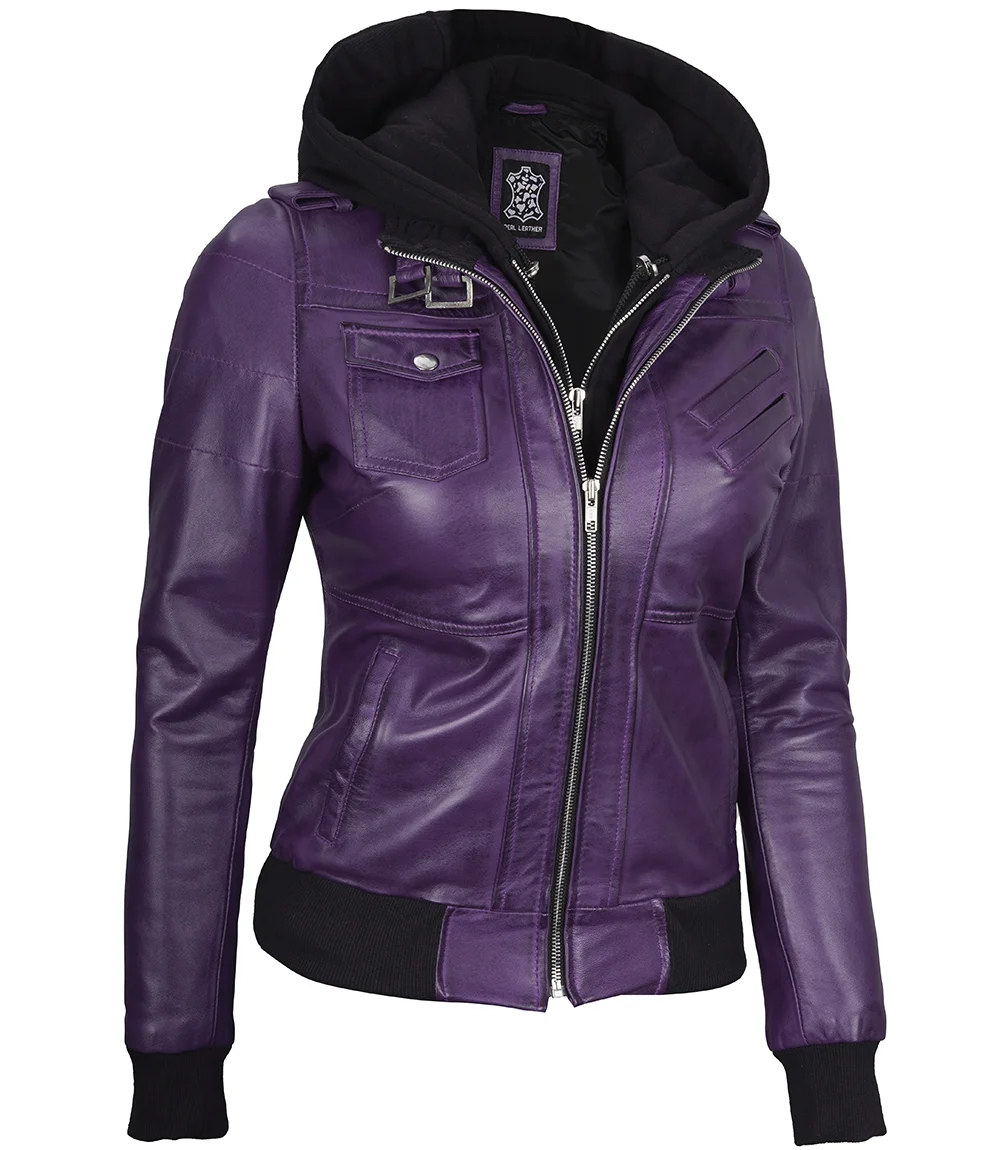 Women's Purple Leather Jacket with Removable Hood