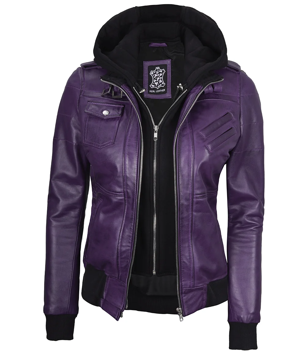 Women's Purple Leather Jacket with Removable Hood