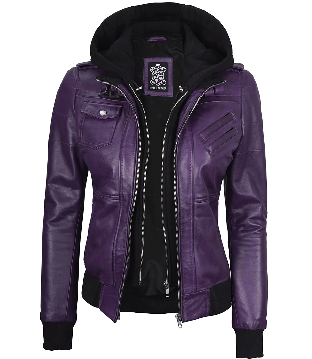 Women's Purple Leather Jacket with Removable Hood