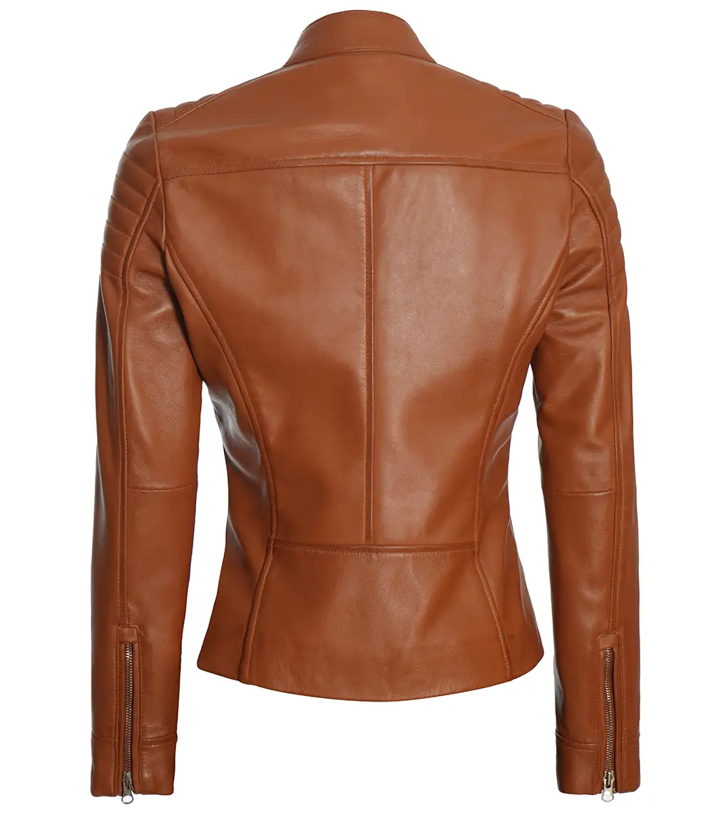 Women's Tan Brown Cafe Racer Leather Biker Jacket