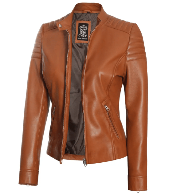 Women's Tan Brown Cafe Racer Leather Biker Jacket