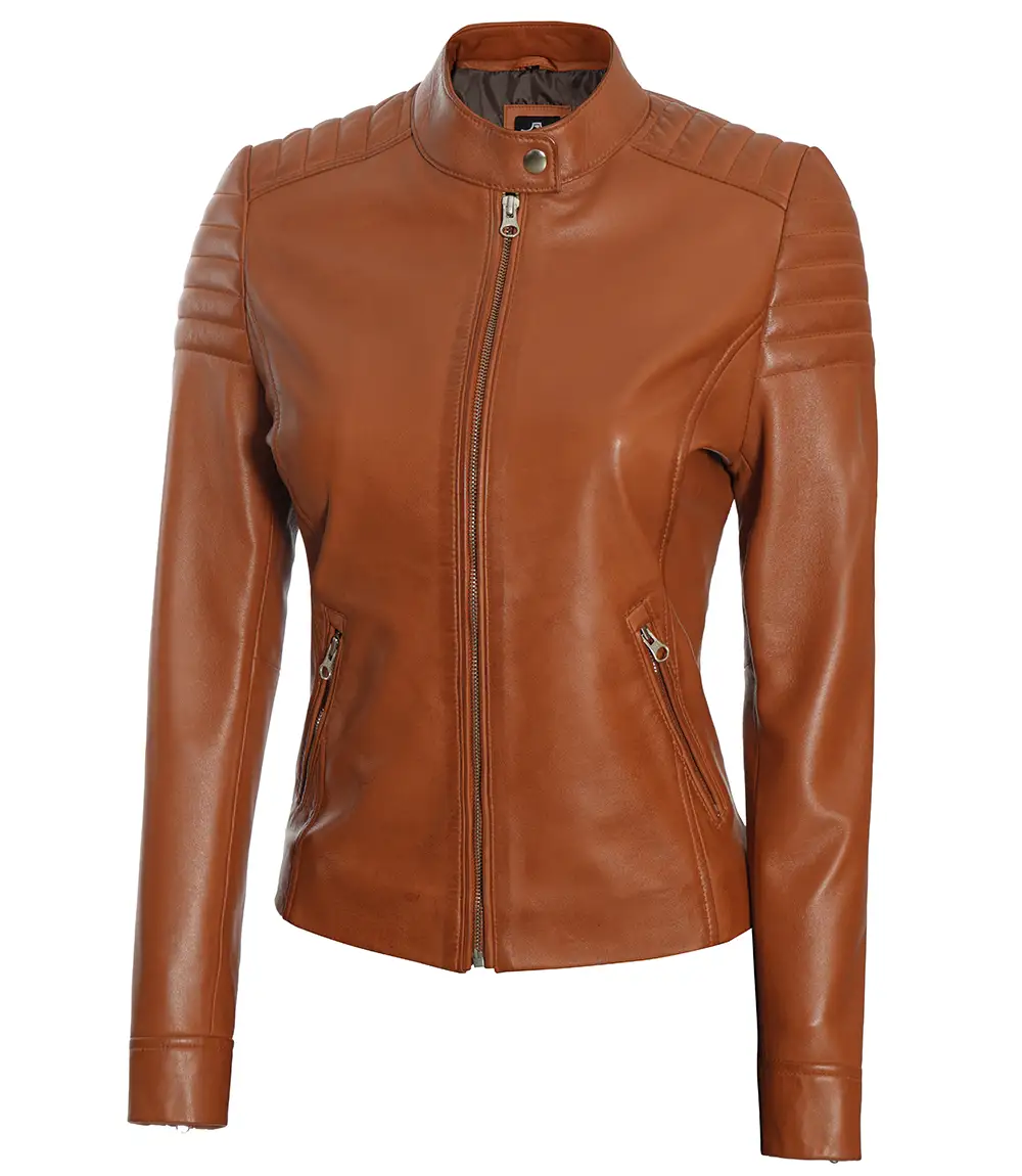 Women's Tan Brown Cafe Racer Leather Biker Jacket