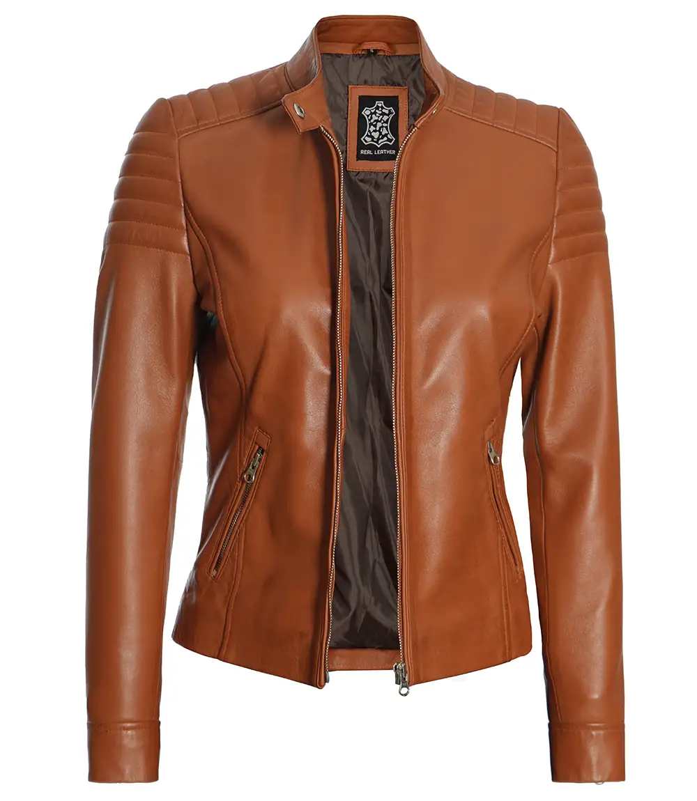 Women's Tan Brown Cafe Racer Leather Biker Jacket