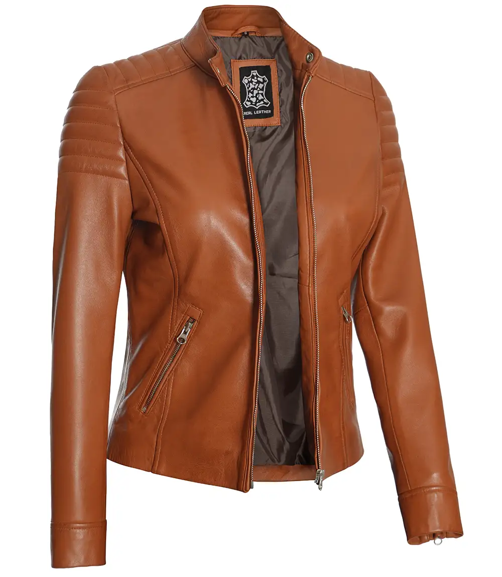 Women's Tan Brown Cafe Racer Leather Biker Jacket