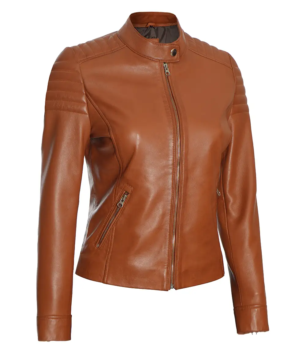 Women's Tan Brown Cafe Racer Leather Biker Jacket