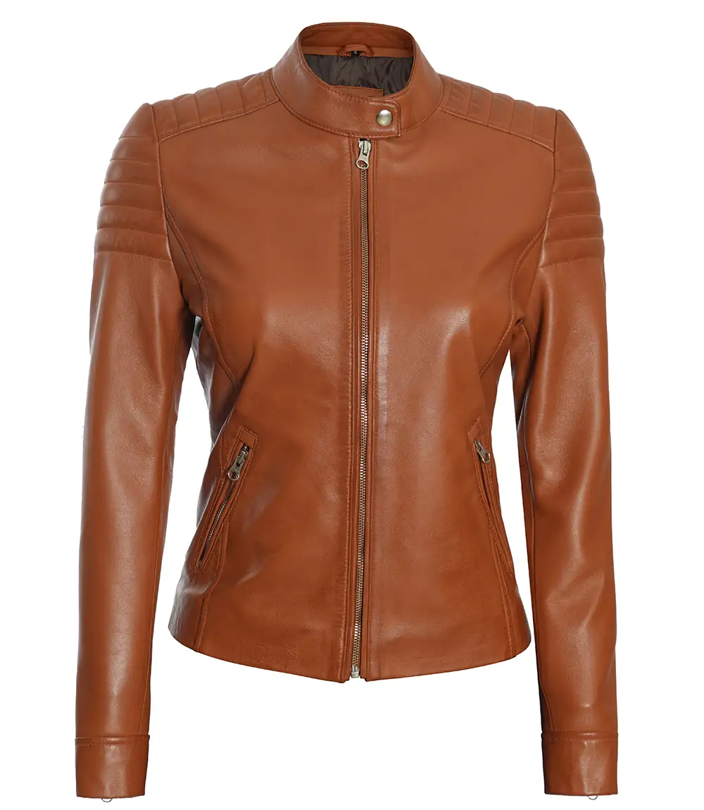 Women's Tan Brown Cafe Racer Leather Biker Jacket