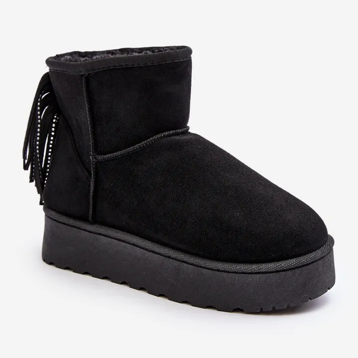 Women's Snow Boots On A Massive Platform With Fringes, Black Lirico