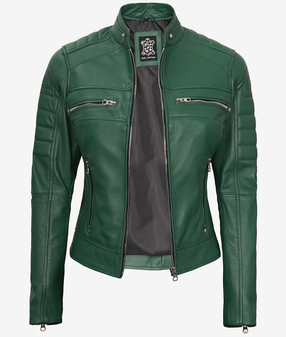 Womens Real Leather Green Motorcycle Jacket