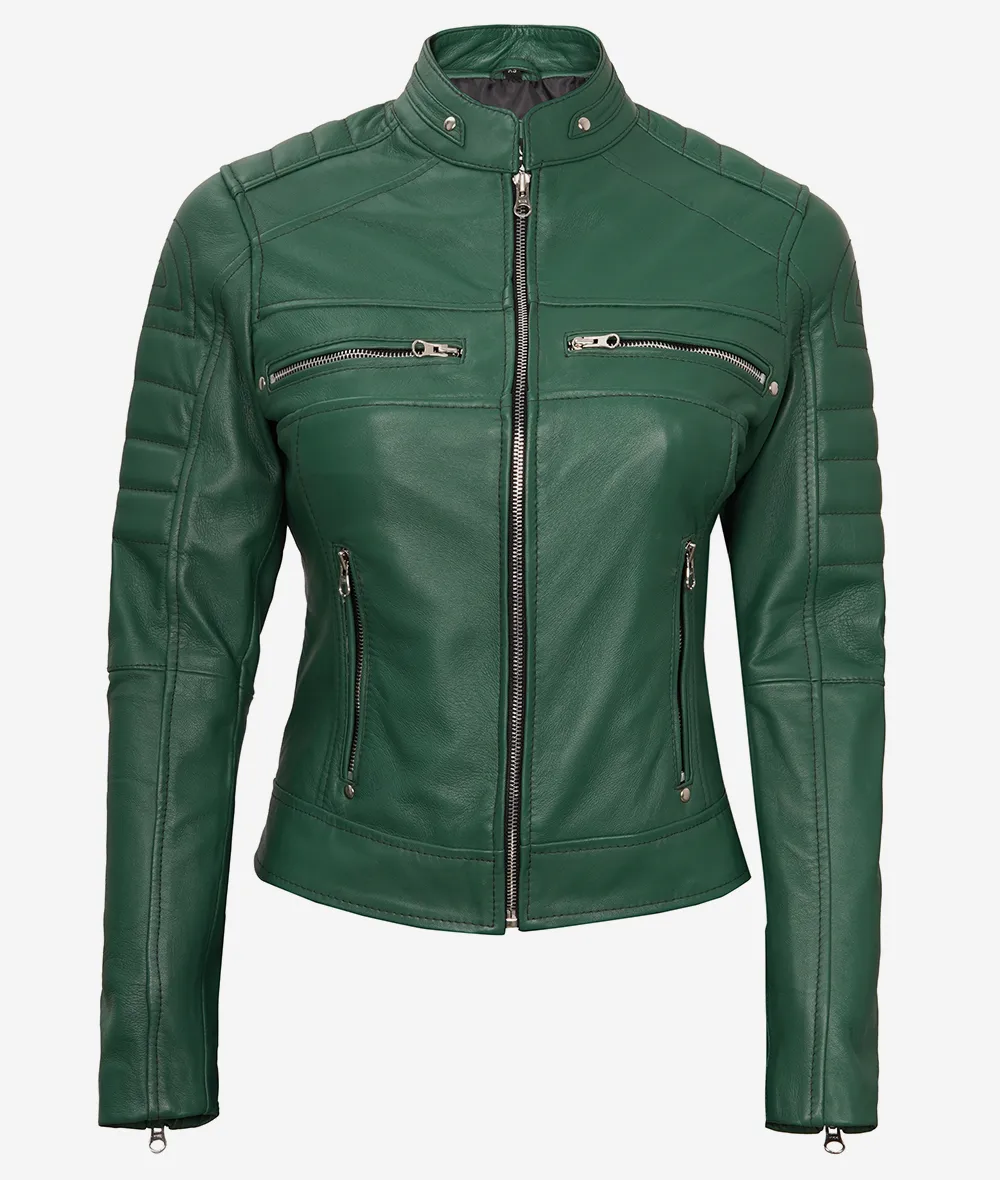 Womens Real Leather Green Motorcycle Jacket