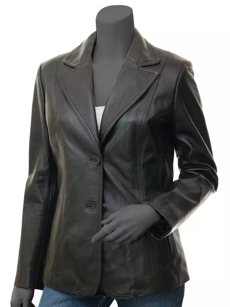 Womens Two Button Black Premium Leather Blazer