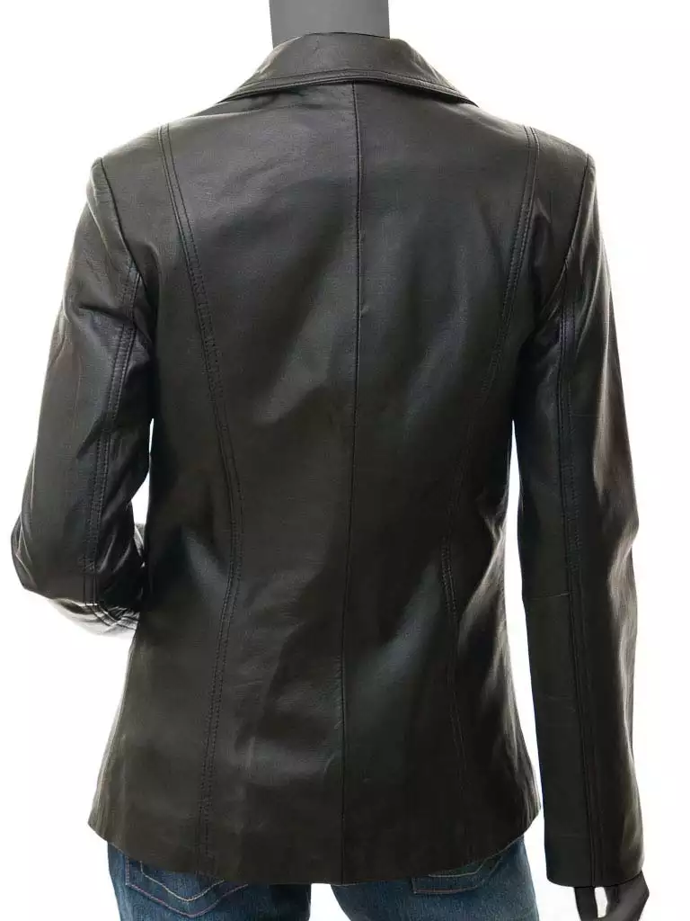 Womens Two Button Black Premium Leather Blazer