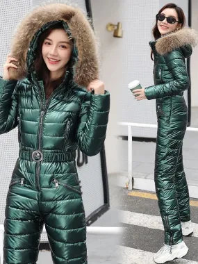 Women's Winter Hooded Parka Jumpsuit Ski Suit with Cotton Bodysuit, Sashes, Zipper Overalls, and Tracksuits.