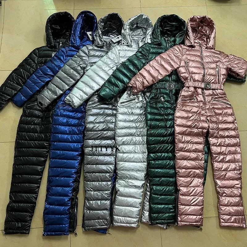 Women's Winter Hooded Parka Jumpsuit Ski Suit with Cotton Bodysuit, Sashes, Zipper Overalls, and Tracksuits.