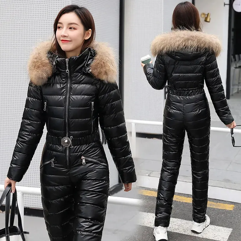 Women's Winter Hooded Parka Jumpsuit Ski Suit with Cotton Bodysuit, Sashes, Zipper Overalls, and Tracksuits.