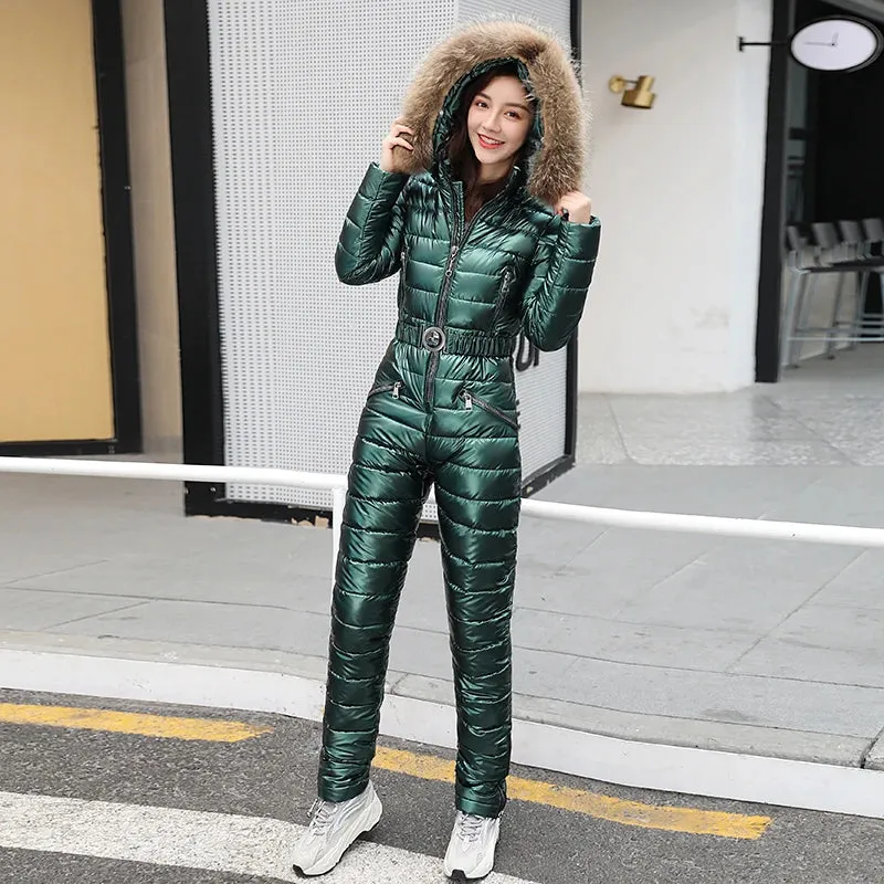 Women's Winter Hooded Parka Jumpsuit Ski Suit with Cotton Bodysuit, Sashes, Zipper Overalls, and Tracksuits.