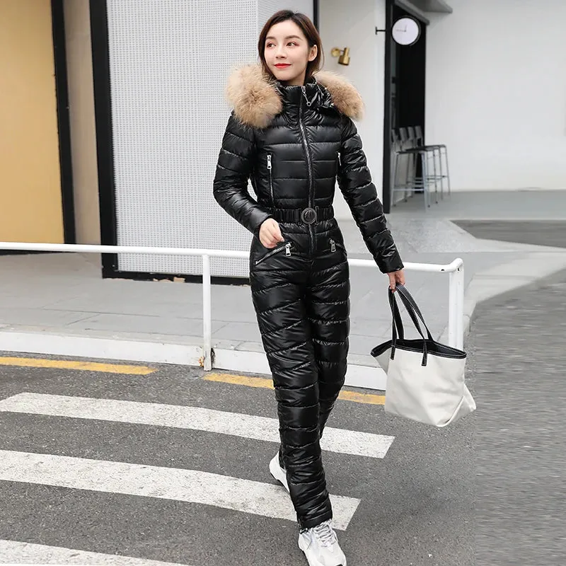 Women's Winter Hooded Parka Jumpsuit Ski Suit with Cotton Bodysuit, Sashes, Zipper Overalls, and Tracksuits.