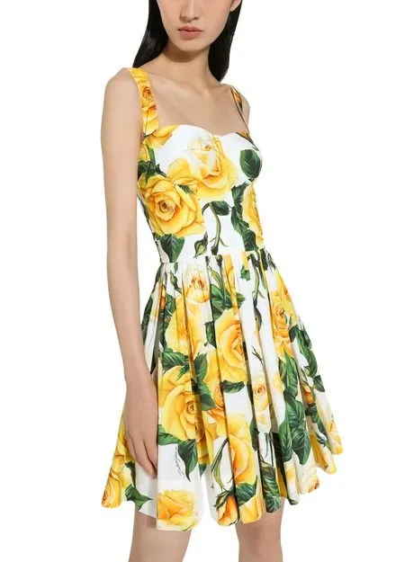 Yellow Rose Print Mini Dress