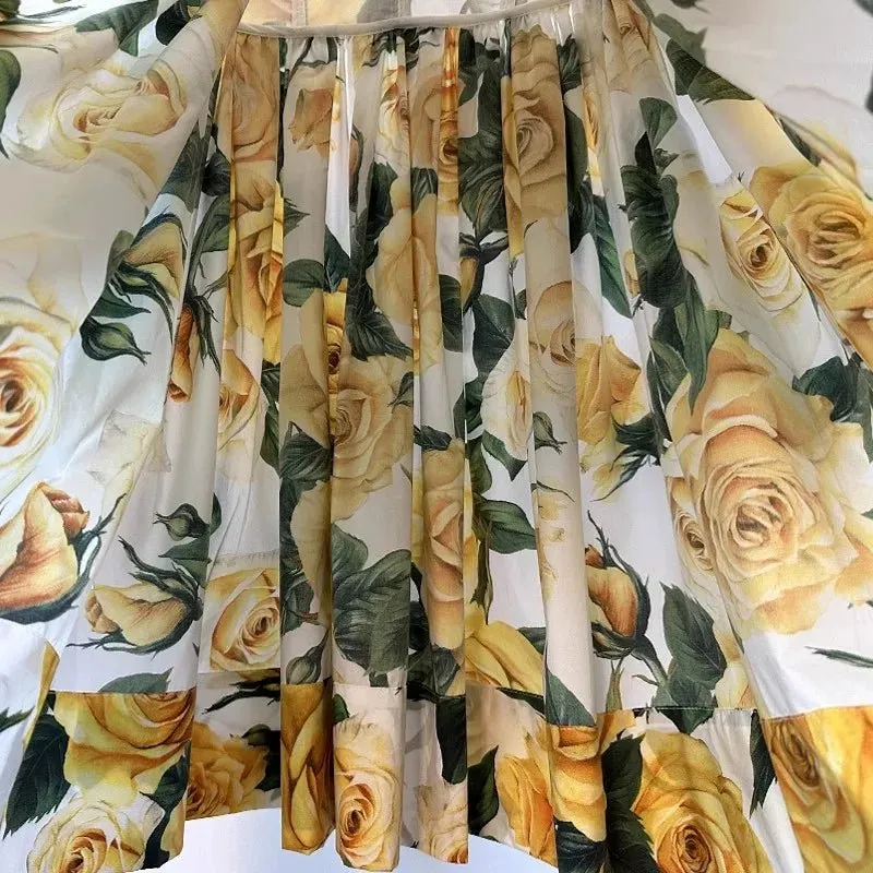 Yellow Rose Print Mini Dress