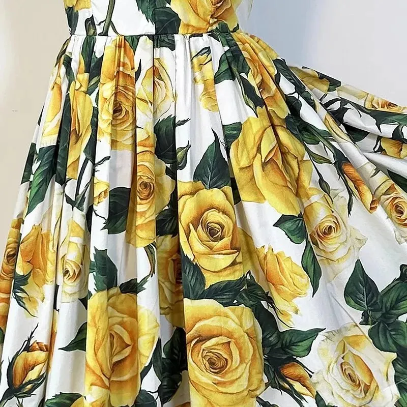 Yellow Rose Print Mini Dress