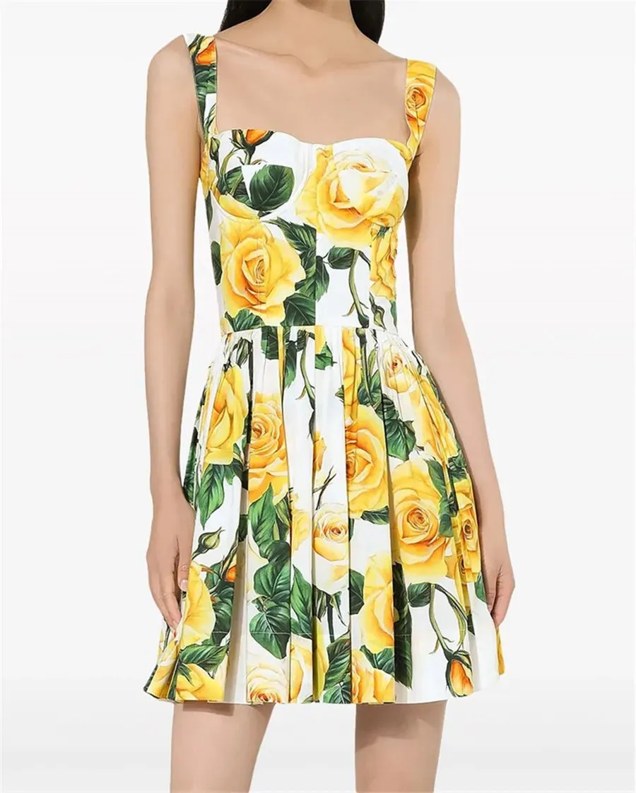 Yellow Rose Print Mini Dress