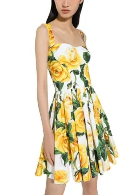 Yellow Rose Print Mini Dress