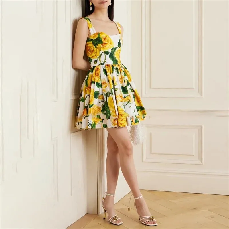 Yellow Rose Print Mini Dress