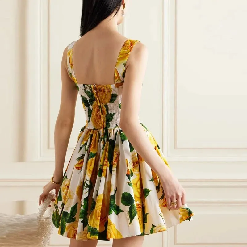 Yellow Rose Print Mini Dress