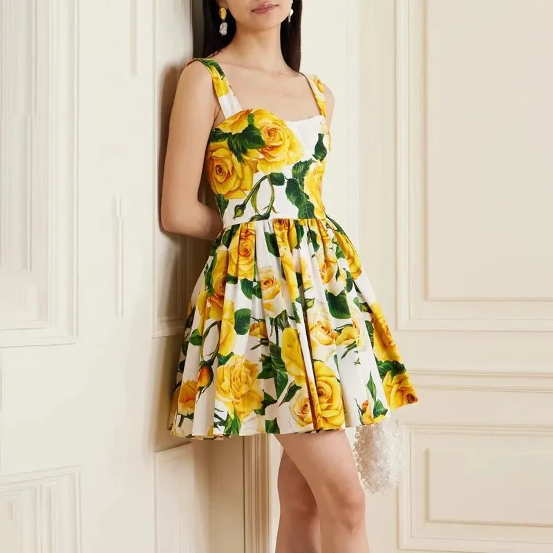 Yellow Rose Print Mini Dress