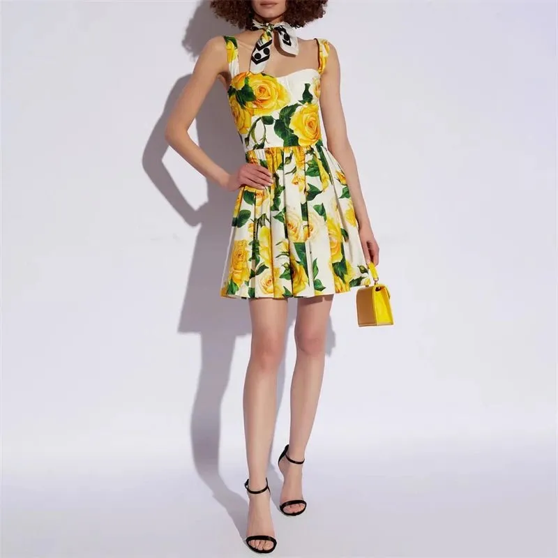 Yellow Rose Print Mini Dress