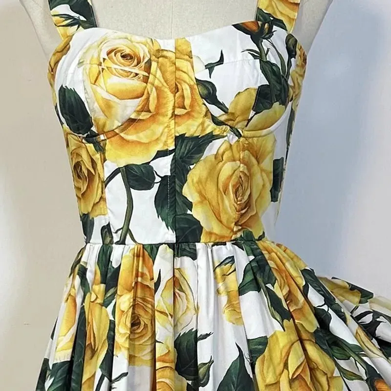 Yellow Rose Print Mini Dress