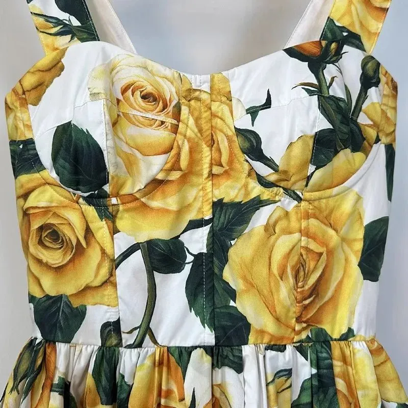 Yellow Rose Print Mini Dress